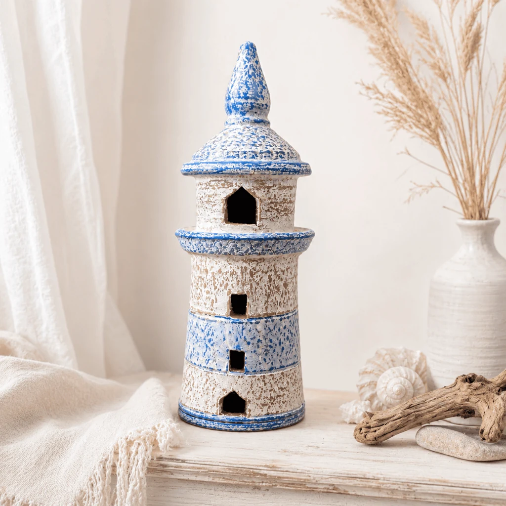 Farol de Barro Artesanal azul e branco Crafto