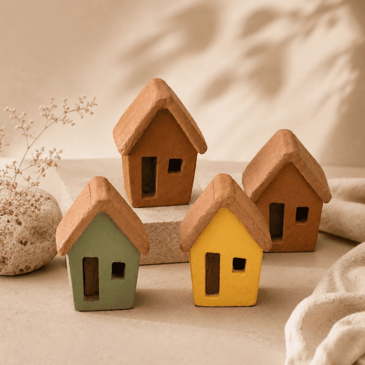 Kit de casinhas artesanais Crafto em composição decorativa